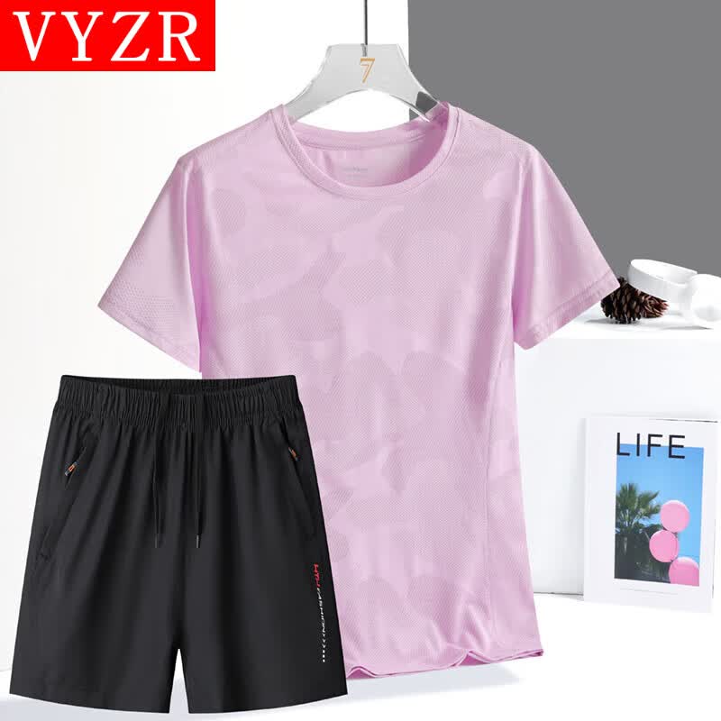 VYZR运动套装女短袖夏季冰丝速干衣t恤健身跑步短裤新款羽毛球服装备 粉色/短套 M