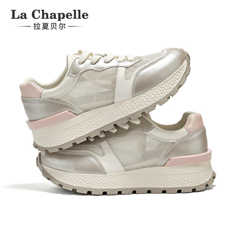 拉夏贝尔女鞋网面鞋低帮透气休闲鞋简约厚底增高运动小白鞋子女 银/粉 36