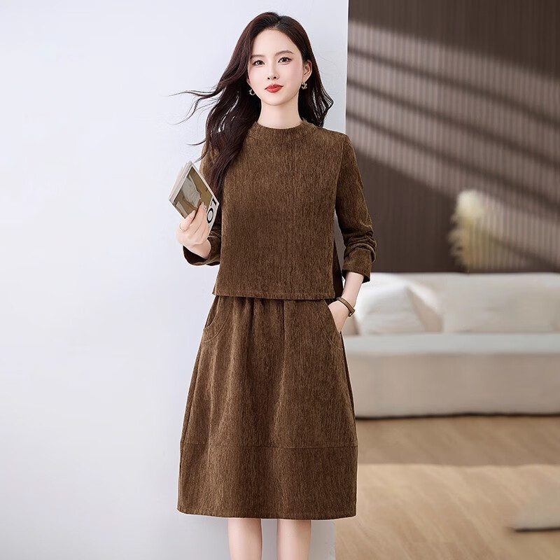 楚馨休閑套裝裙子2026春秋季新款女裝高端時尚氣質(zhì)連衣裙高級感兩件套 咖啡色 2XL 建議136-152斤