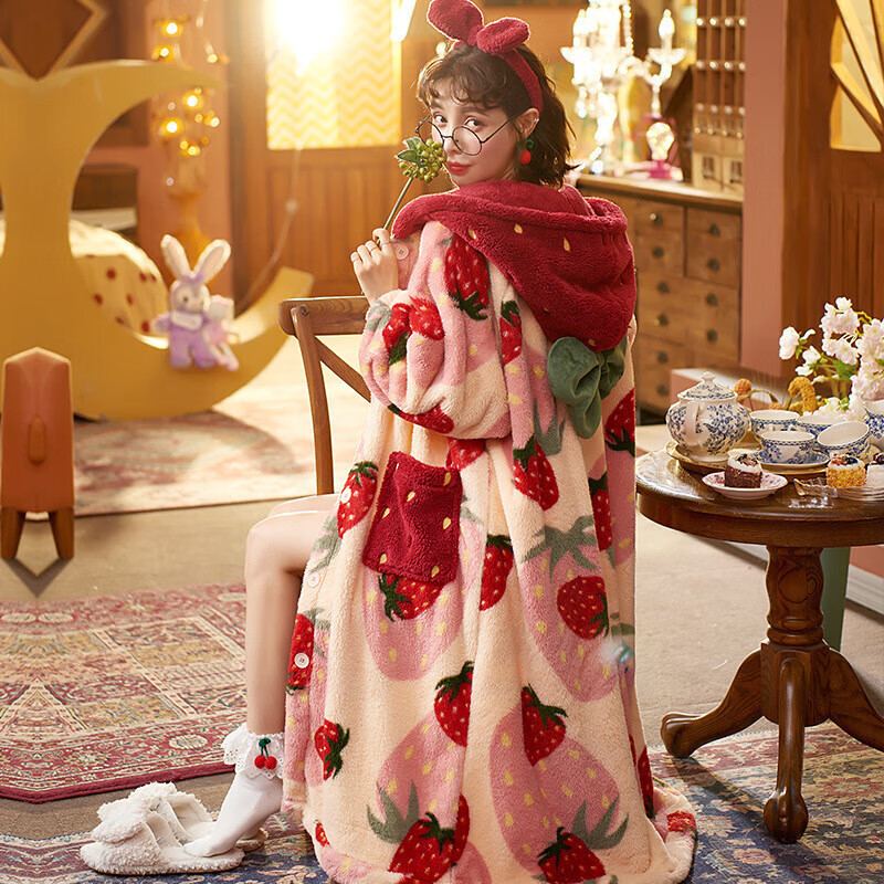 诗莉奥(SHILIAO)加厚睡袍卡通长款可外穿家居服睡衣女冬季睡袍加厚冬天可爱浴袍 蓝鸭睡袍 均码 (建议80-160斤)