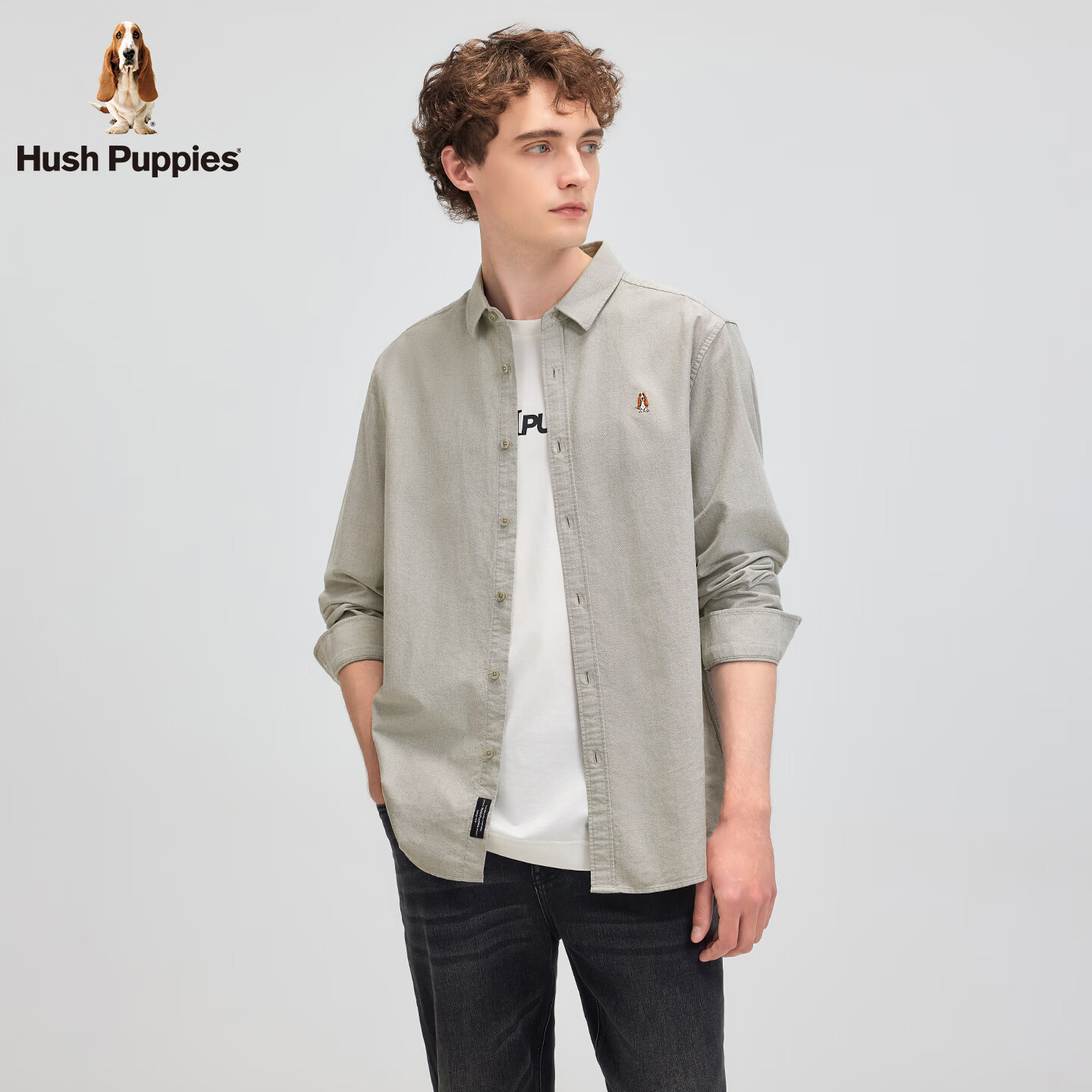 暇步士(Hush Puppies)【舒适全棉】男装2025秋季简约基础款百搭牛津纺长袖衬衫 雪松深绿 L
