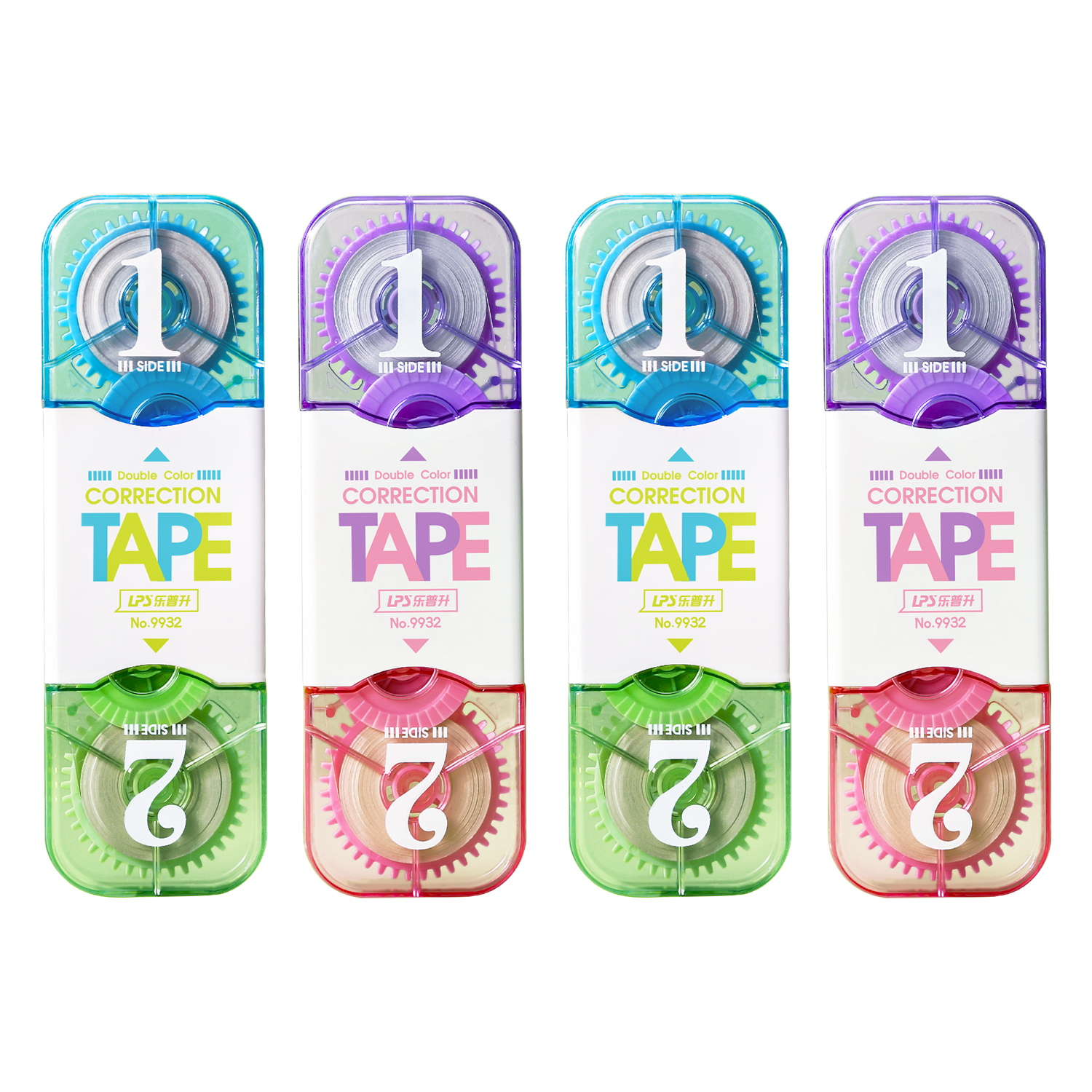 乐普升( LPS )修正带双头双色实惠装隐形米黄色涂改带多功能改错带学生改正带9932女生款2蓝绿2紫红