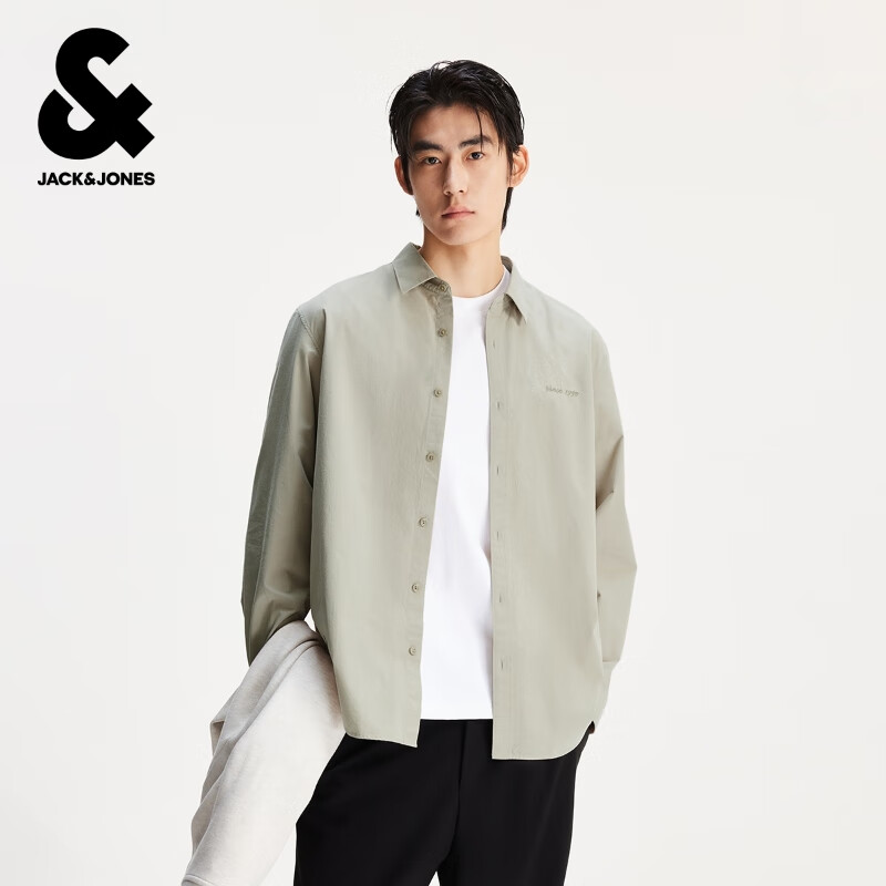杰克·琼斯（JACK&amp;JONES）男装春季字母刺绣纯棉舒适宽松日常休闲翻领长袖衬衫225305036 E11卡其色 常规 L