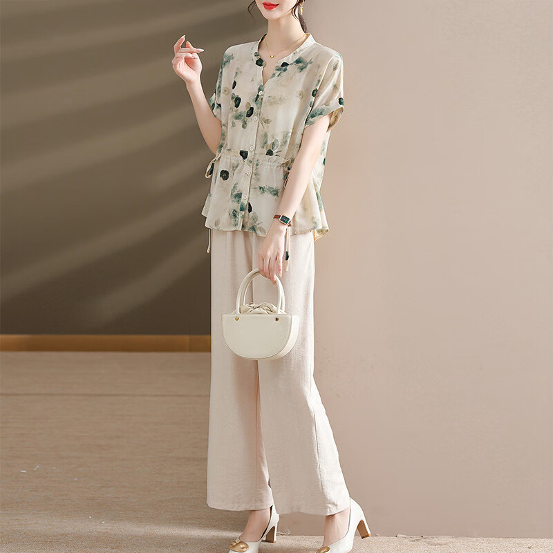 子牧棉麻夏装 女文艺复古套装时尚上衣收腰显瘦短袖衬衫两件套9429 浅绿色套装 * L (建议115-125斤)