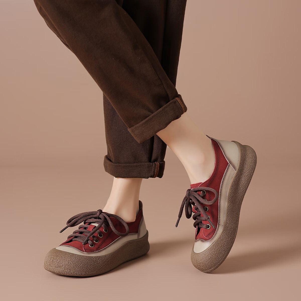 波尔谛奇（BOERDIQI）2025新款复古增高拼色舒适休闲运动板鞋百搭大头女鞋子 红色 39