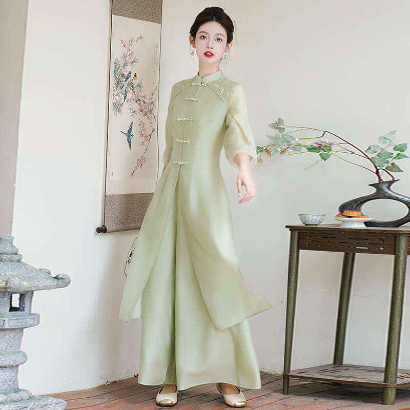 帛雷斯諾茶服新中式女茶藝師唐裝中國風(fēng)漢服套裝盤扣旗袍美容院服裝工作服 綠色套裝 S 均碼