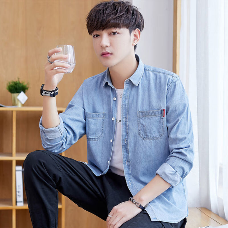 赢镇春秋季男装长袖纯色牛仔衬衫帅气高中生双口袋棉衬衣青少年 浅