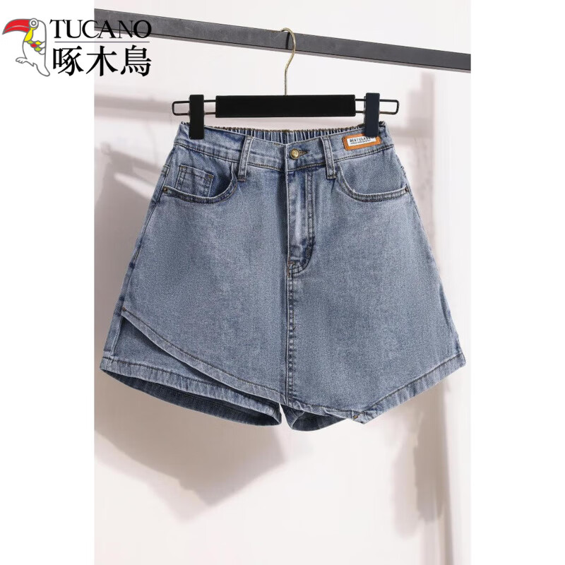 啄木鳥品牌大碼女裝夏季新款高腰彈力牛仔短褲裙女胖MM設(shè)計(jì)感前裙后褲短 藍(lán)色 藍(lán)色 XL 建議100-120斤
