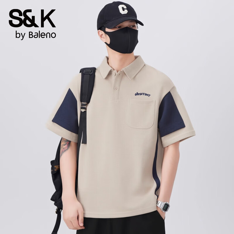 班尼路S&K2025新款美式翻领拼色短袖polo衫男夏季设计感宽松体恤上衣潮 卡其色 2XL 码 140-155斤