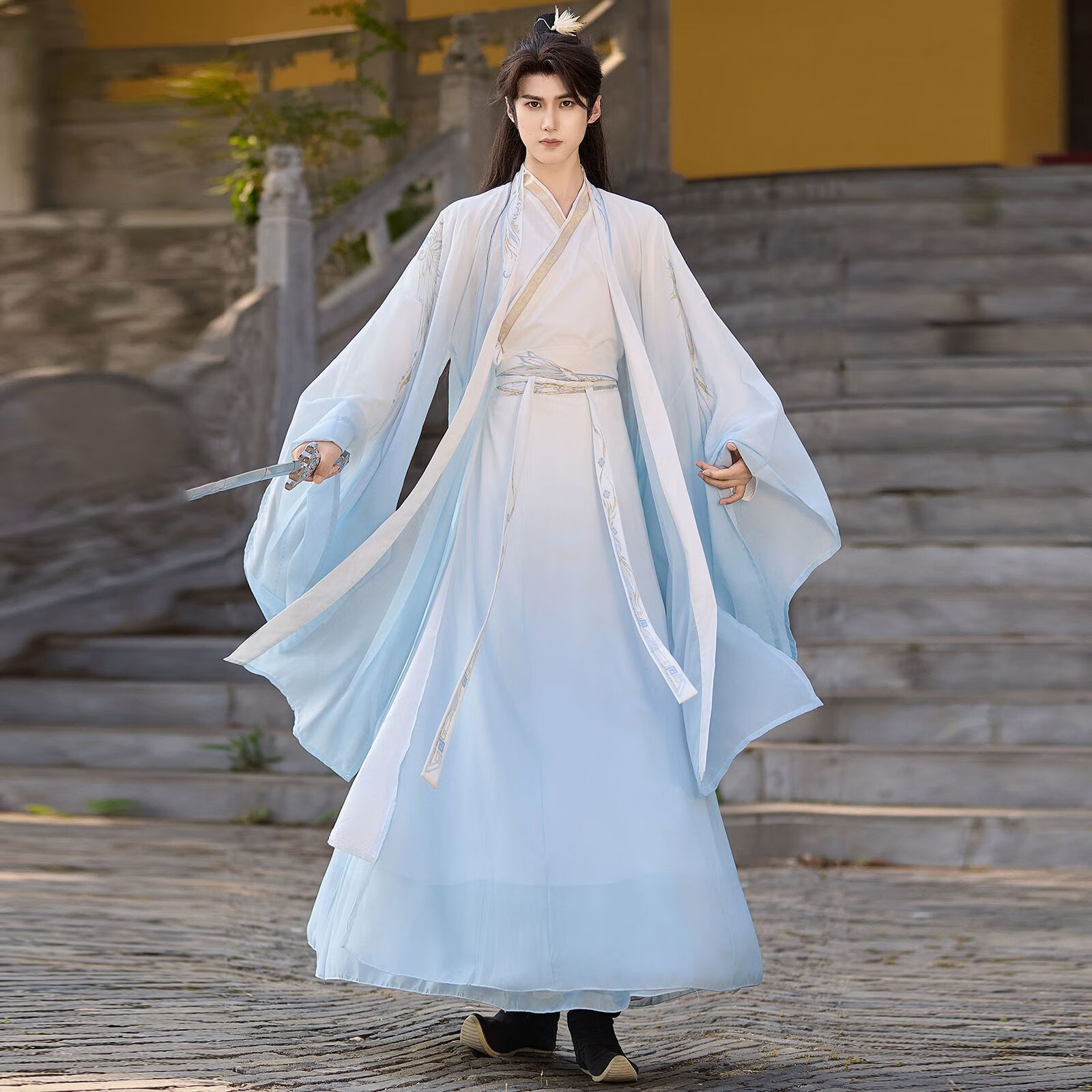 宋制原创汉服2025新款男女同款清冷仙侠风古装齐腰大袖襦春夏套装 陌上玉蓝色套装（上衣 裙子 外衣 S