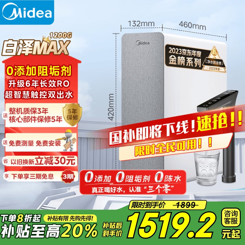 美的（Midea）【白泽Max 1200G】0阻垢剂净水器国家补贴家用 6年RO反渗透厨下式直饮过滤净水机 触控屏双出水