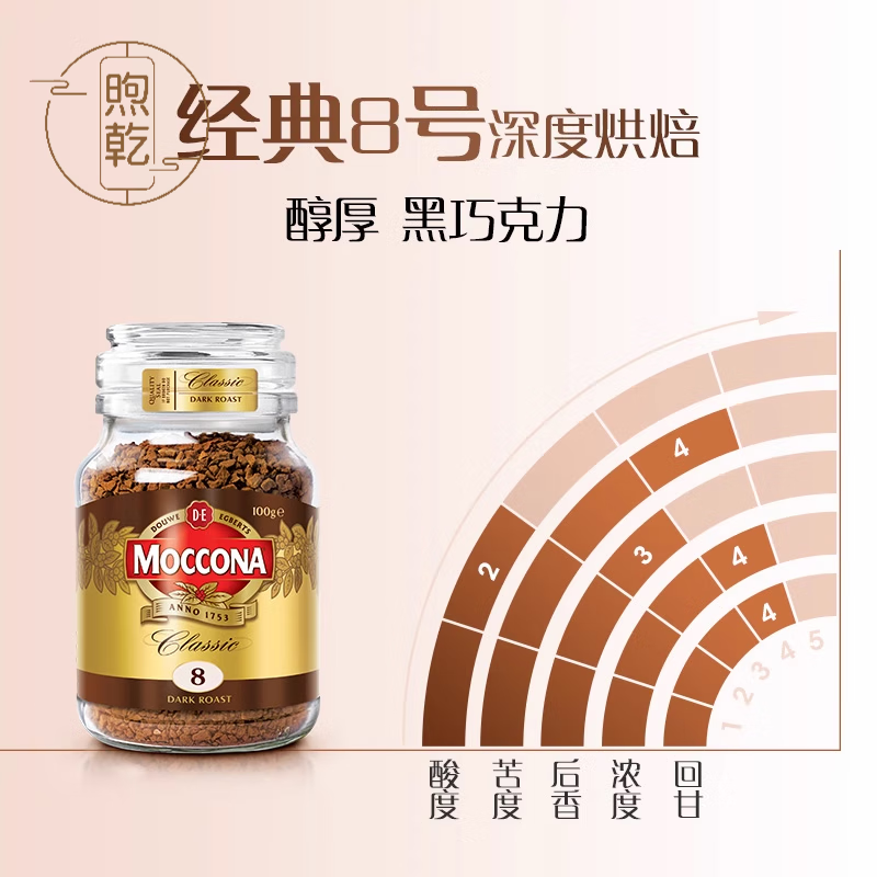 摩可纳（Moccona）荷兰进口摩可纳moccona冻干咖啡粉深度烘焙8号速溶冰美式纯黑咖啡 100g  8号深度烘焙