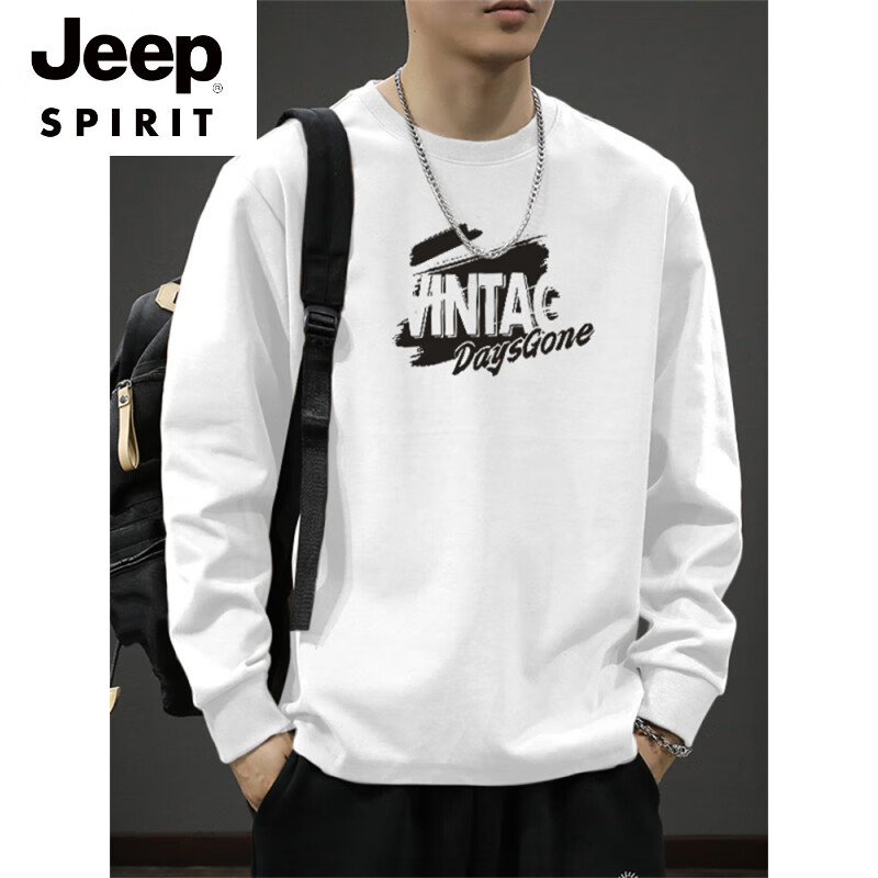 JEEP SPIRIT美式春秋季男士束口长袖t恤潮牌百搭休闲宽松纯棉男款上衣打底衫 卡其色束口长袖-2348 L 【建议125-150斤】