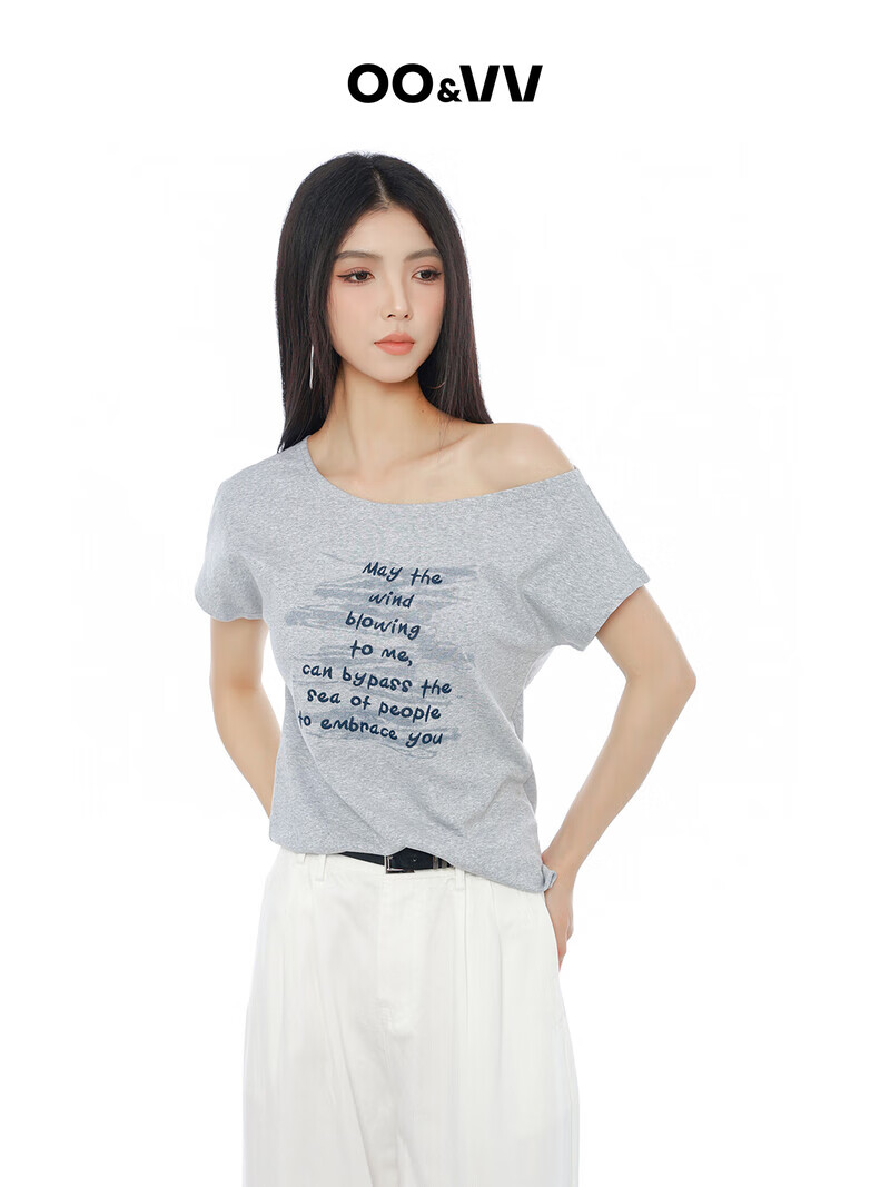 OO&VV灰色一字肩短袖T恤女2025夏新宽松休闲设计感纯色百搭上衣 莫奈灰 S