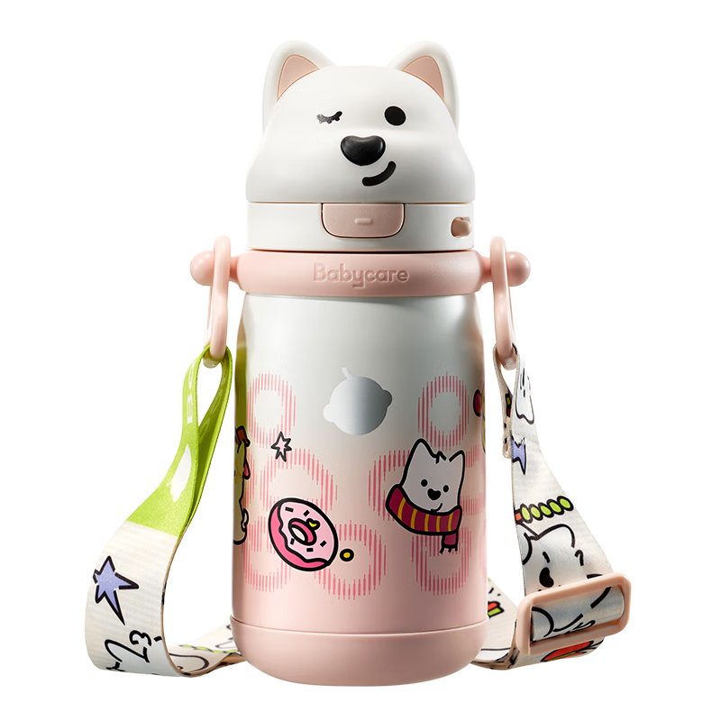 babycare西高地保温杯学饮儿童宝宝学生上学水壶吸管直饮杯外出6月+-大粉