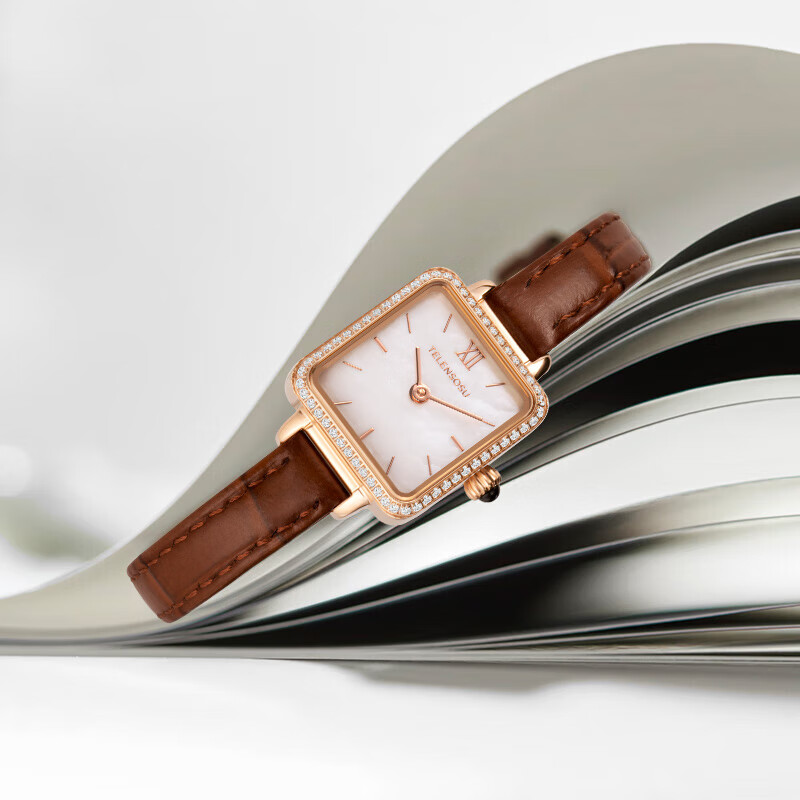 TELENSOSU 力梭品牌女士手表轻奢小众高级感小方表防水新款石英腕表生日礼物 【复古小棕表】贝母白-小方表 礼物高档