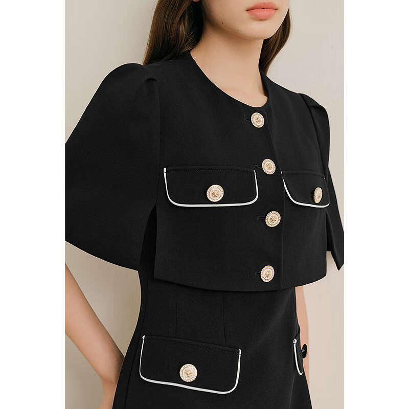 OBBLIGATO奥丽嘉朵2025夏季新款专选中古扣披肩式外套收腰连衣裙 黑色 M