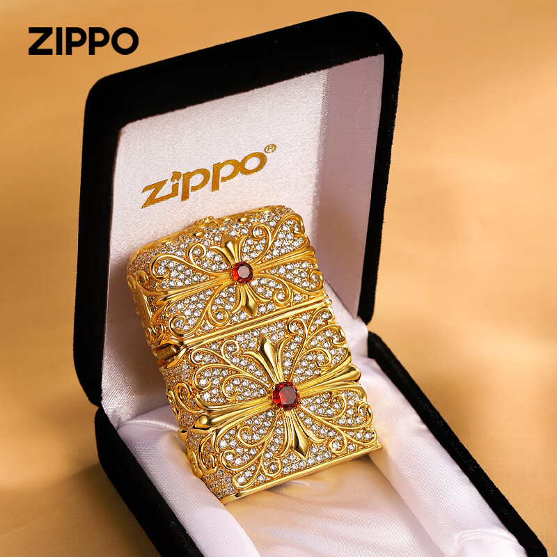 ZIPPO打火机zippo正品防风煤油火机镶嵌钻石十字花520女士专用颜值礼物 镀金款【含油套装】