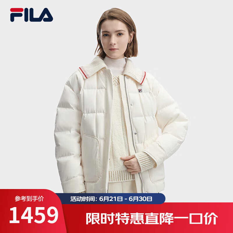 FILA 斐樂(lè)官方女士羽絨服冬季時(shí)尚簡(jiǎn)約休閑寬松保暖棉羽可拆卸領(lǐng)上衣 蒸汽白-IV M 165/84A