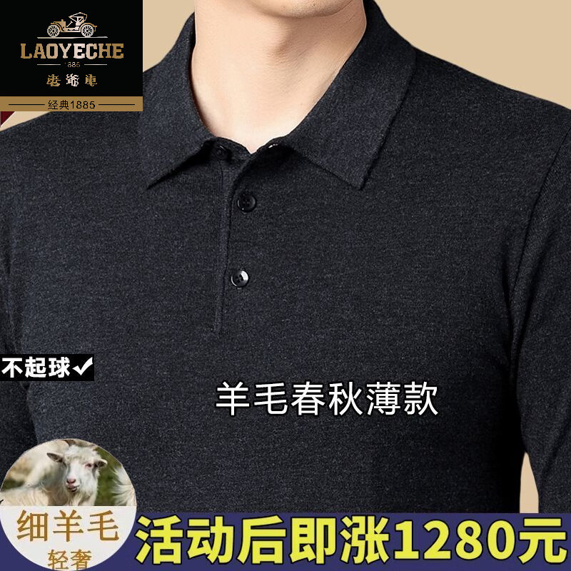 老爷车高档100%羊毛衫长袖T恤男士春秋薄款针织打底衫毛衣中年翻领上衣 哈青-【高档细羊毛】长袖 XL 175【建议130-145斤】