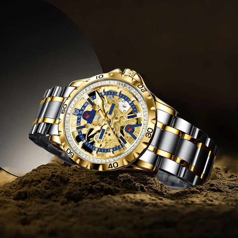 格伦glenaw格伦时尚夜光镂空男全自动机械表潮流运动腕表 金壳带钻蓝