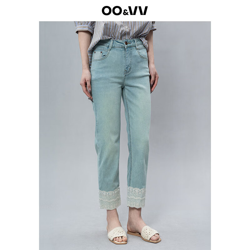 OO&VV复古港风高腰显瘦蕾丝拼接牛仔裤女2025夏新款直筒九分裤子 复古蓝 XL