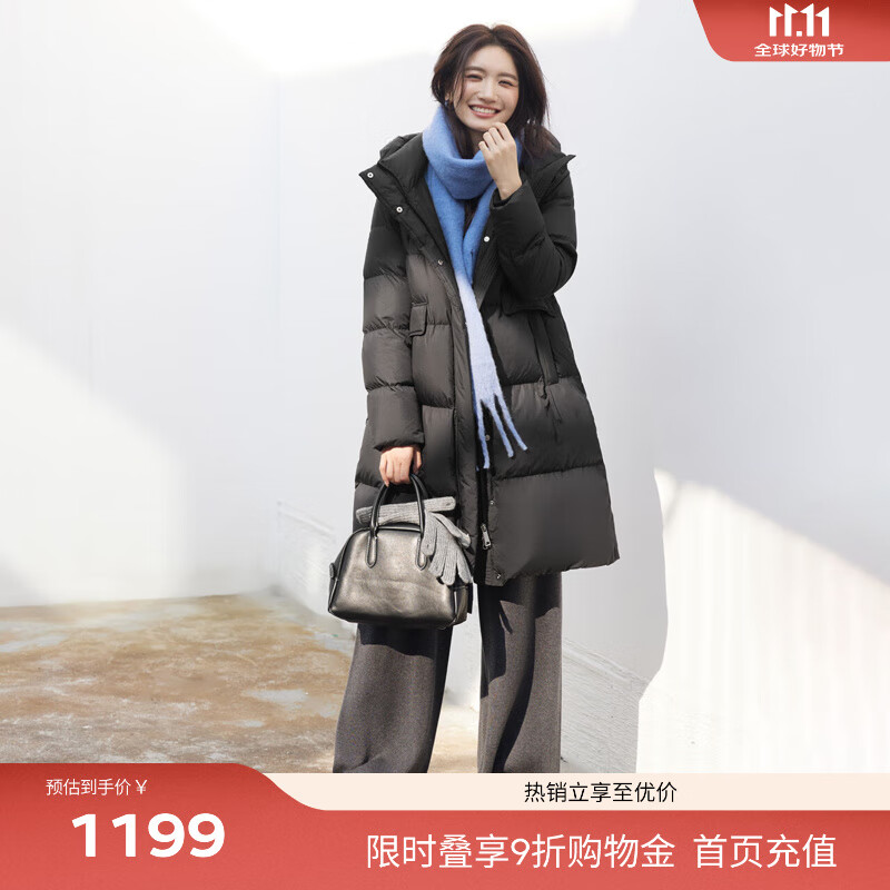伊芙丽（eifini）蒋欣代言90鸭绒中长款连帽直筒百搭保暖羽绒服女外套秋季新款 黑色 S 155/80A