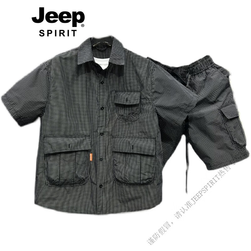 JEEP SPIRIT男士夏季套裝韓版痞帥情侶款襯衫短袖薄料休閑運(yùn)動(dòng)工裝五分短褲潮 黑色 M 120-150