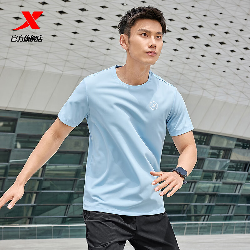 特步短袖针织衫男夏季新款户外运动跑步t恤衫速干衣半袖上衣训练服 碧空蓝 L