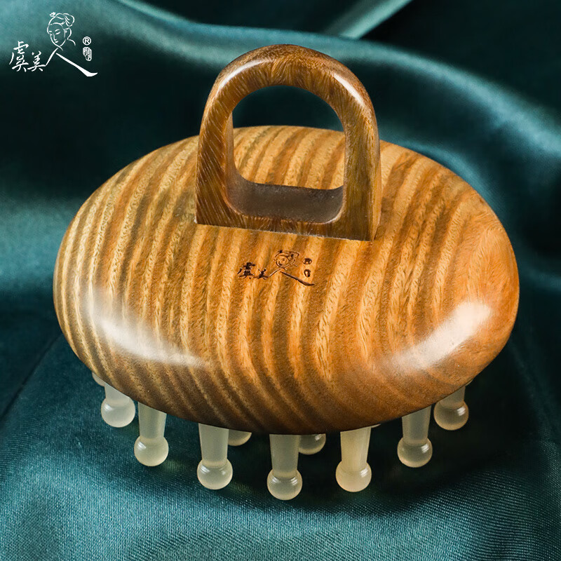 虞美人牛角梳經(jīng)絡(luò)梳按摩梳檀木梳子指環(huán)頭部頭皮經(jīng)絡(luò)梳女家用 牛角指環(huán)按摩梳-綠檀_藍(lán)色錦盒