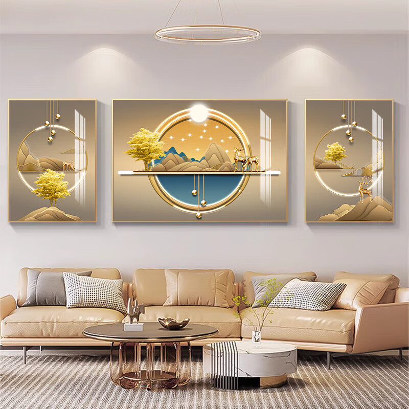 柳莺花燕轻奢新款沙发背景墙装饰画寓意好大气三联画现代简约客厅挂画 石来运转 大套(左右60X80X中110X80)亮光晶瓷 铝合金边框(默发金色框)