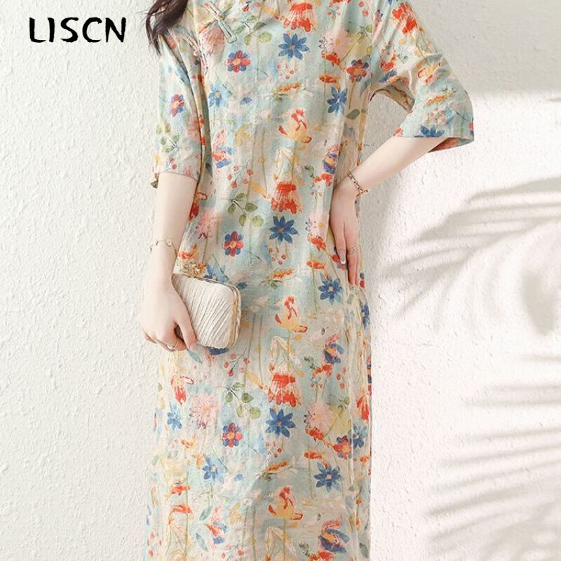 LISCN碎花改良旗袍連衣裙夏季2025新款民族風(fēng)棉質(zhì)大碼胖mm中式麻料裙子 圖片色 M 80-100斤