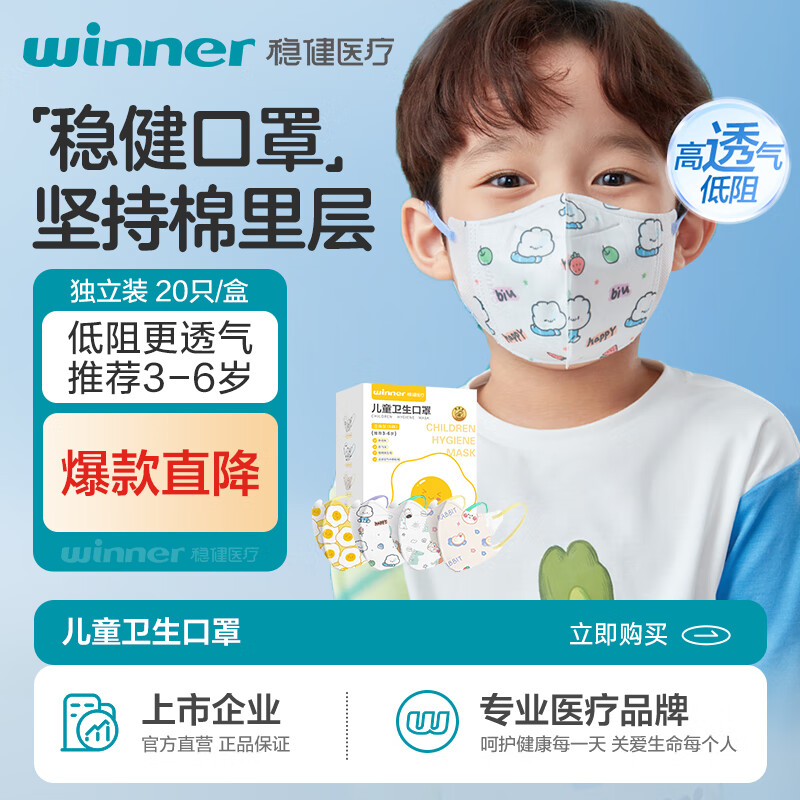 稳健儿童口罩3D立体一次性小孩宝宝学生幼童夏季轻薄透气低阻高透口罩 3-6岁 萌幼童系列混装款 20袋/盒