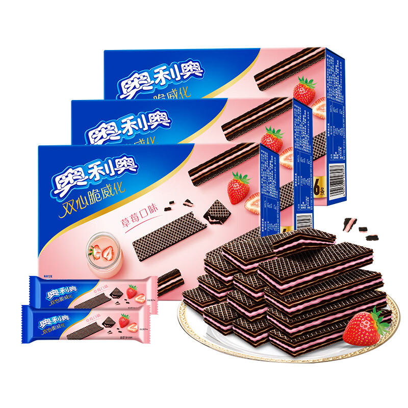 奥利奥（Oreo）双心脆可可威化饼干草莓口味192g*3休闲网红零食办公室食品