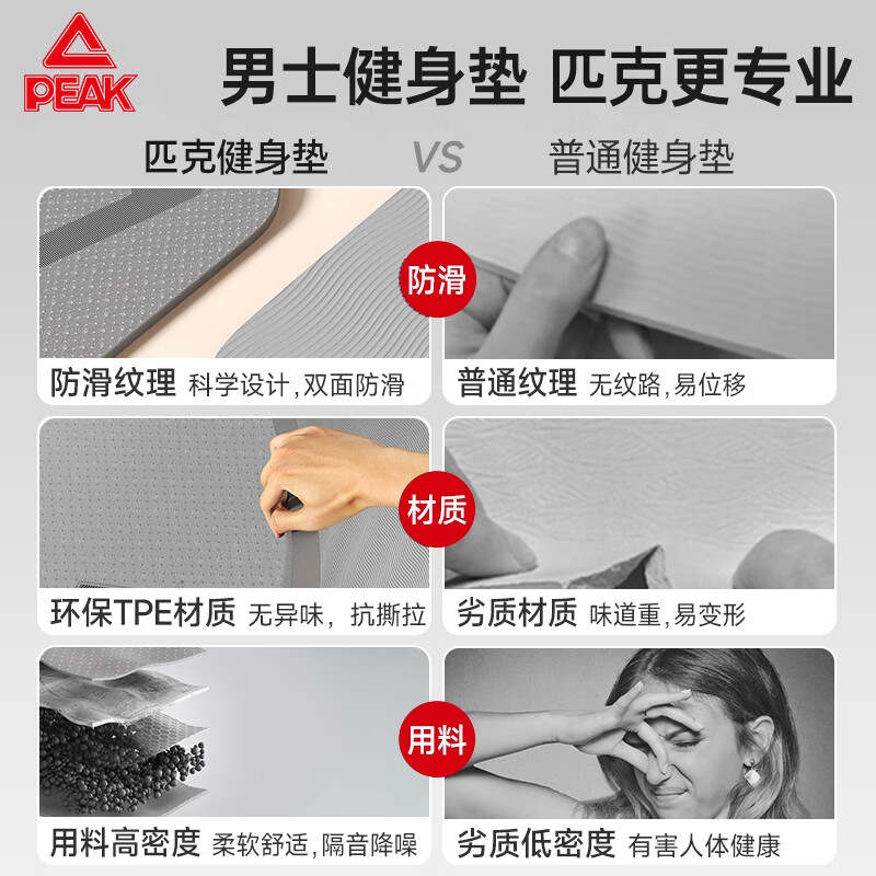 匹克瑜伽垫男士家用健身专业防滑跳绳减震垫静音加厚加大加宽运动地垫 太空灰【185*80cm】送绑带 6mm
