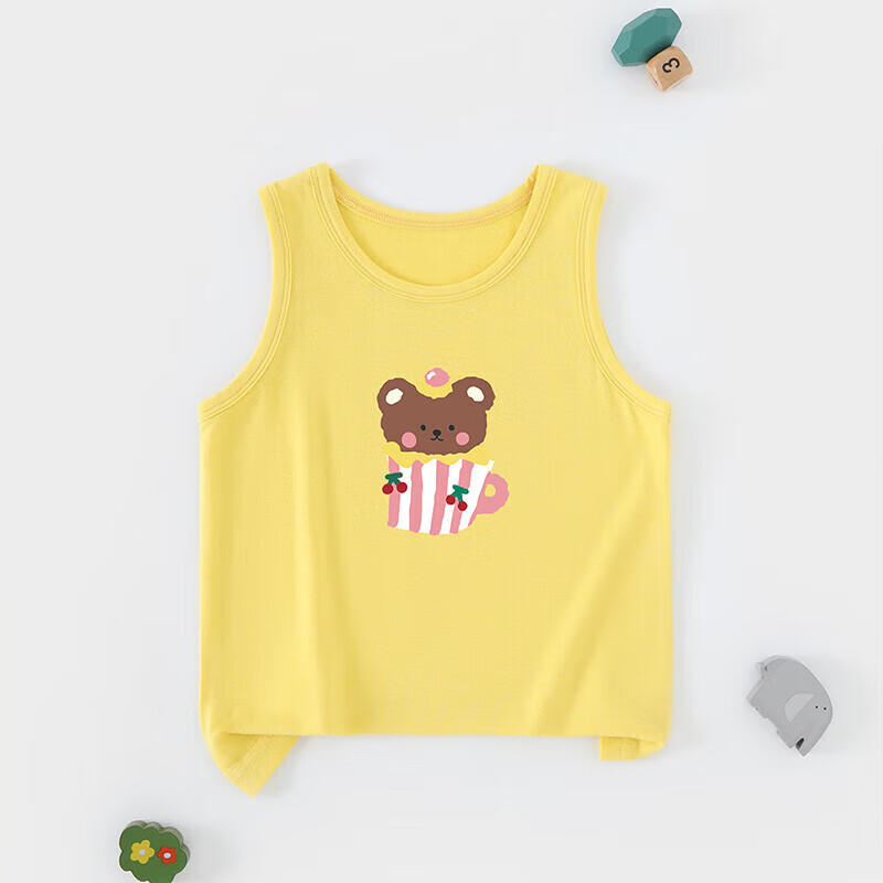 木木屋儿童背心夏季男宝女宝莫代尔无袖上衣小童家居外出打底透气舒适 黄色小熊蛋糕 120 cm推荐身高109-118cm
