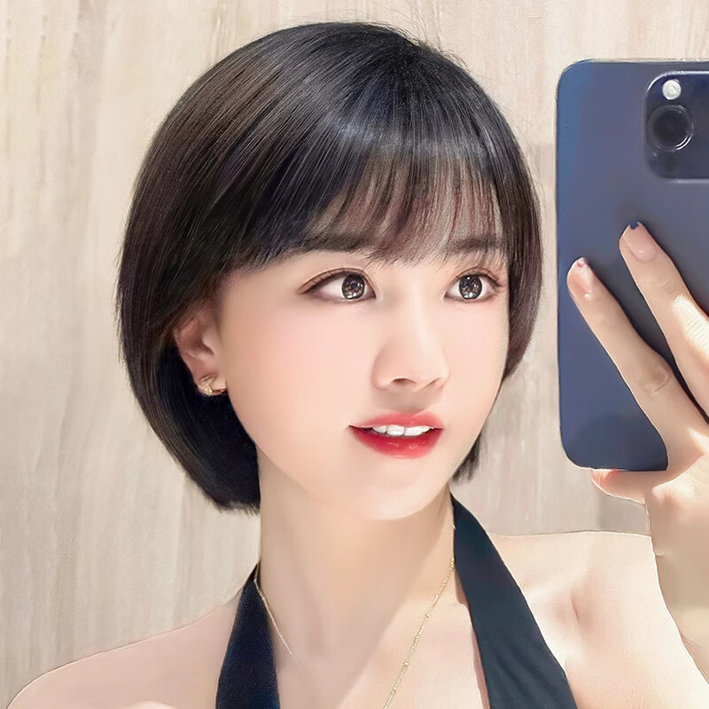 岚婷假发女士新款全头套真发真人发丝自然短发波波头假发套 头旋款 自然色 短发 28cm 全真发