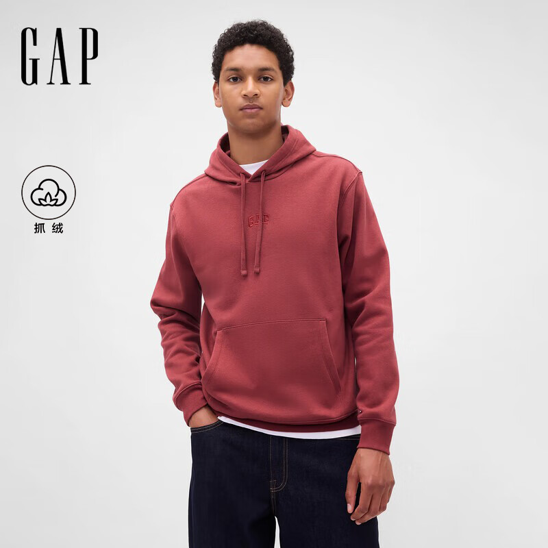 盖璞（GAP）男女装2025秋季新款Logo刺绣抓绒宽松连帽衫卫衣美版795625 暗红色 S 美码M亚洲码175/92A【偏大,建议拍小一码】