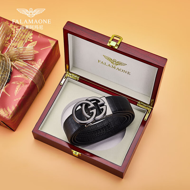 FALAMAONE皮带男真皮2025新款男士腰带商务休闲自动扣牛皮裤腰带男生日礼物 京仓直发/枪色鳄鱼纹【专柜礼盒】 120cm 改尺寸联系客服或下单备注