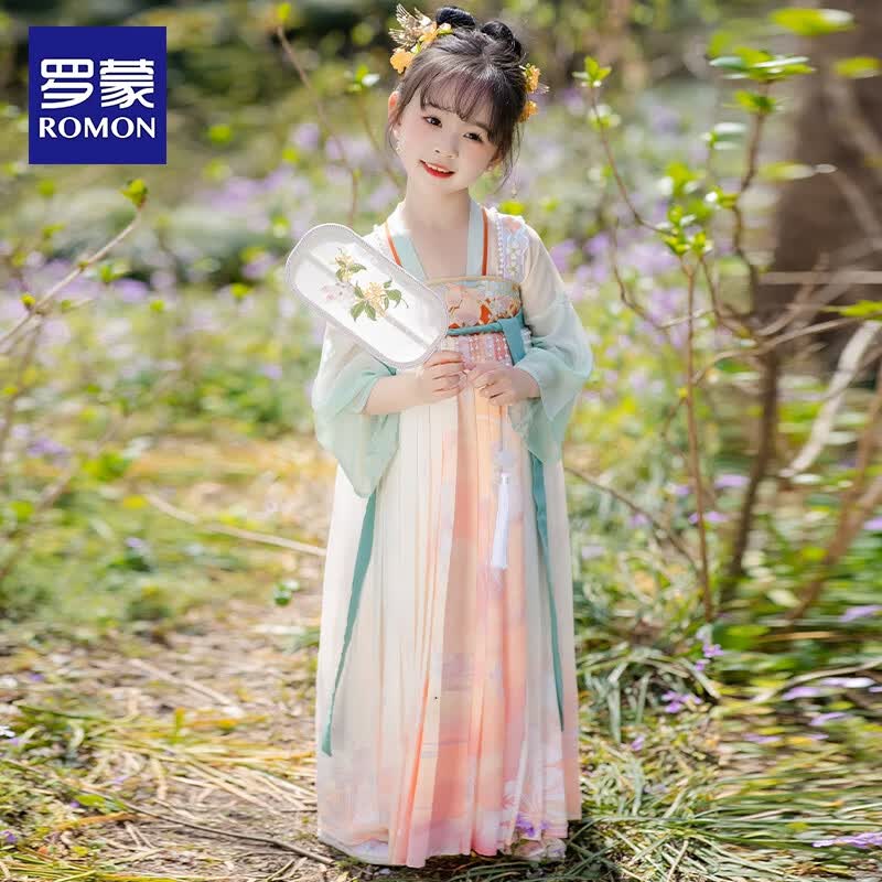 罗蒙女童汉服夏季款2026款儿童中国风原创齐胸襦裙唐装毕业演出服 HQ1189 菊粉襦裙 130
