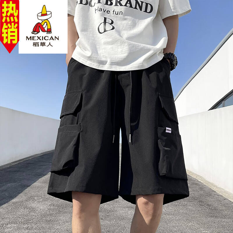 稻草人美式潮牌工裝褲男夏季新款高街大口袋短褲寬松直筒運動(dòng)休閑五分褲 黑色 S