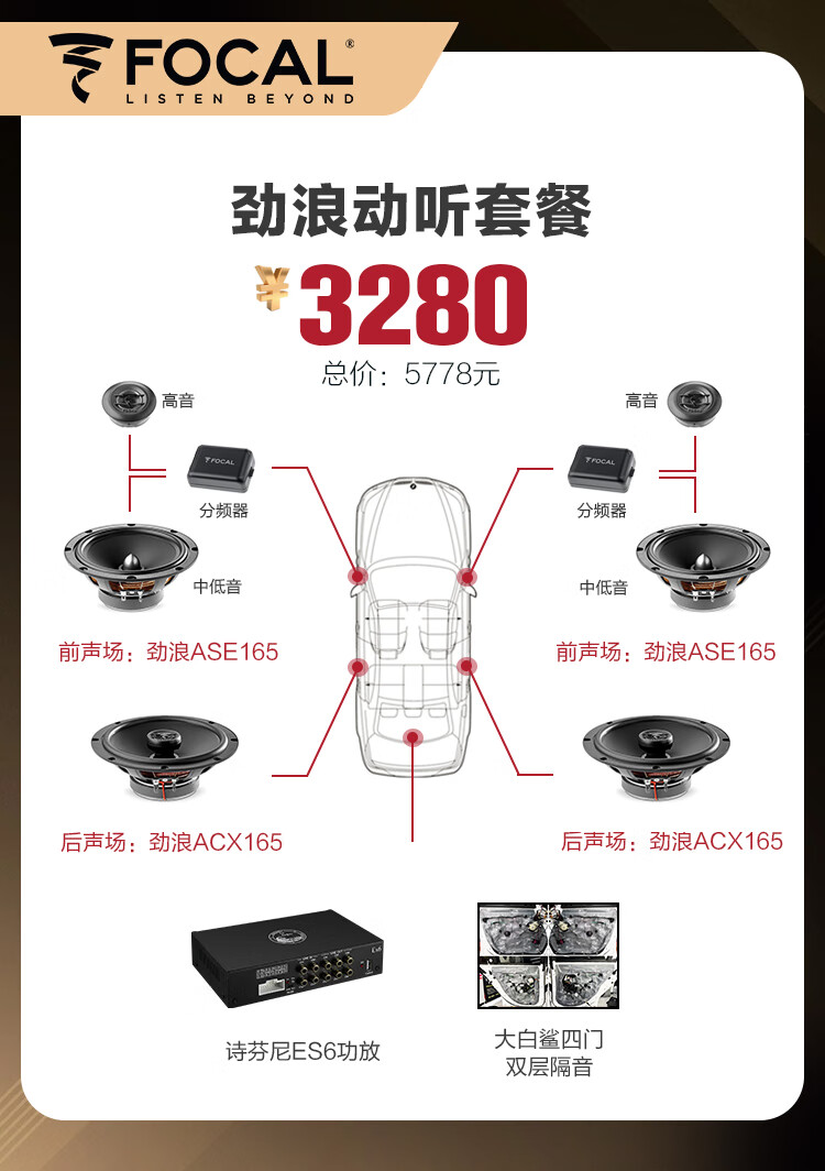 FOCAL the spirit of sound法國(guó)勁浪專(zhuān)業(yè)汽車(chē)音響發(fā)燒級(jí)全聲場(chǎng)喇叭改裝升級(jí)三分頻車(chē)載音響SN 勁浪動(dòng)聽(tīng)套餐6喇叭+DSP功放 單喇叭通用