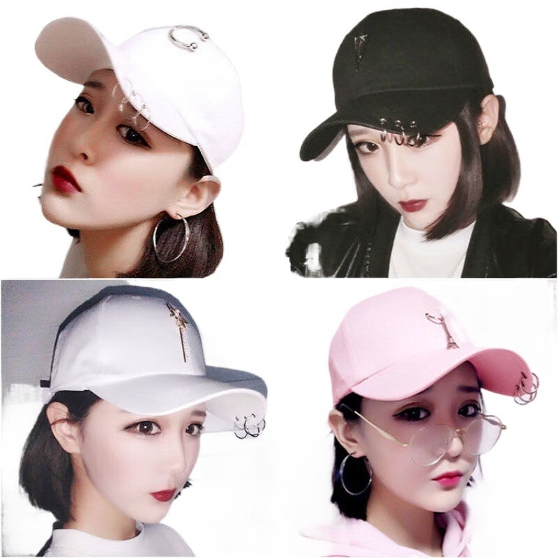 【创意】新款帽子女韩版潮棒球帽鸭舌帽女春夏个性铁环棒球帽学生 纯色黑色