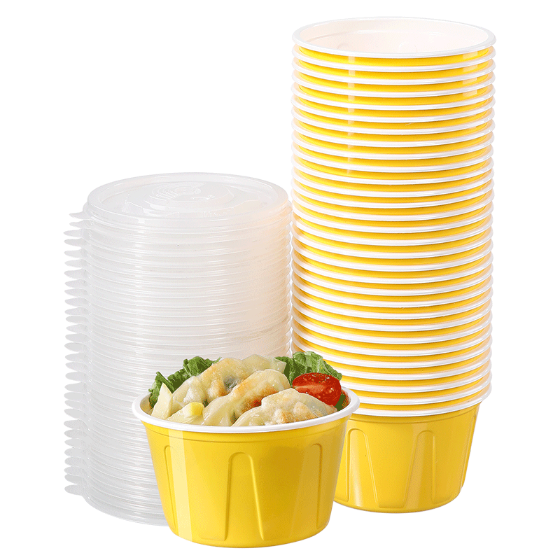 美丽雅一次性饭盒食品级餐盒带盖 快餐外卖打包厚彩餐盒碗 圆形厚彩餐碗 黄色-30套-500ml