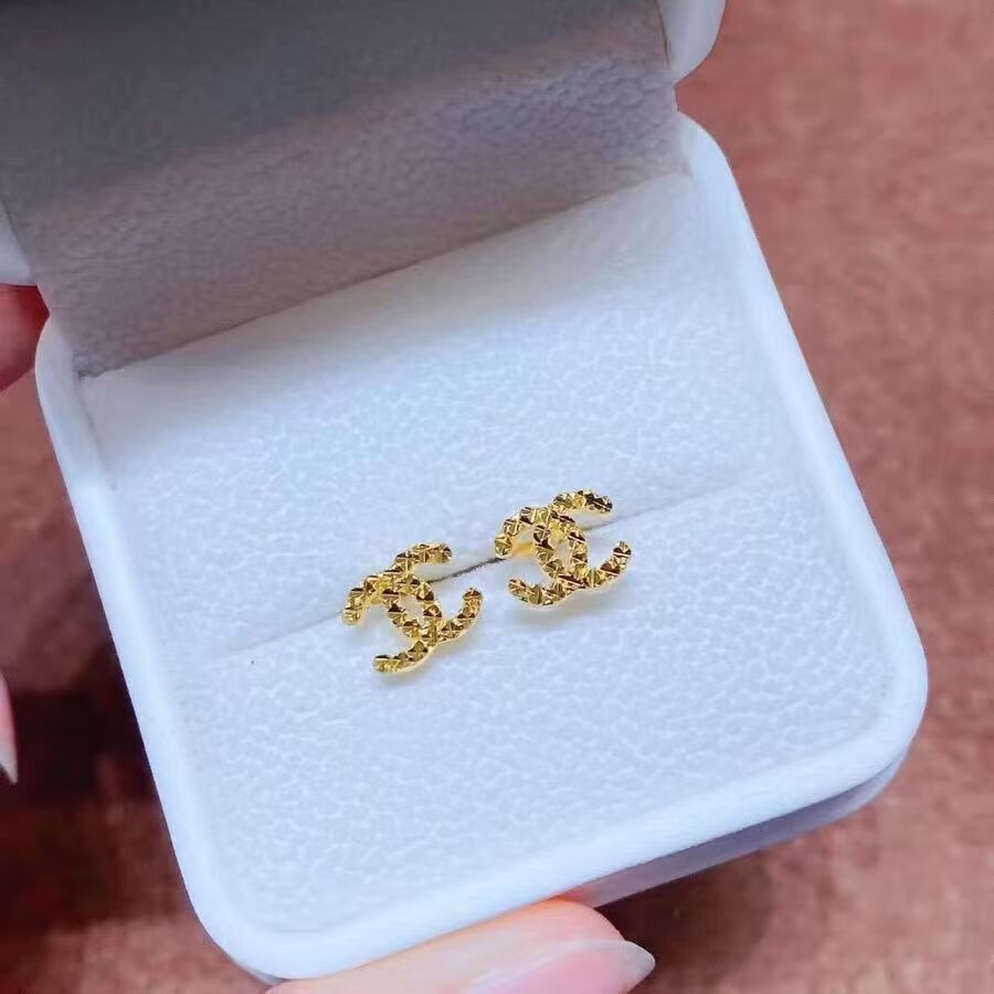 夕迎正七夕新款黄金色双c耳钉耳环18k彩金耳饰四叶草耳环送女朋友 双c直针耳钉 S