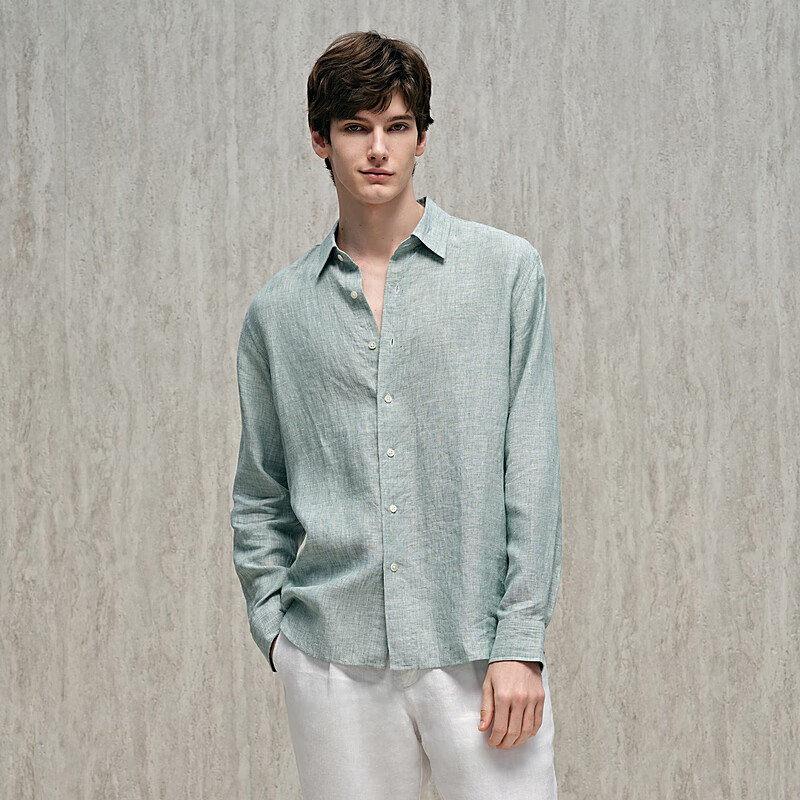汉麻世家(HANP)【汉麻】HANP/汉麻世家男士翻领长袖衬衫25春夏休闲衬衣男 渌波色 M