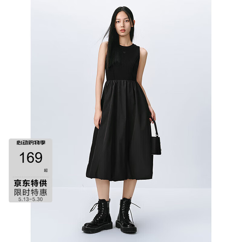 太平鸟女装无袖背心连衣裙春法式赫本风拼接收腰小黑裙长气质 黑色 L