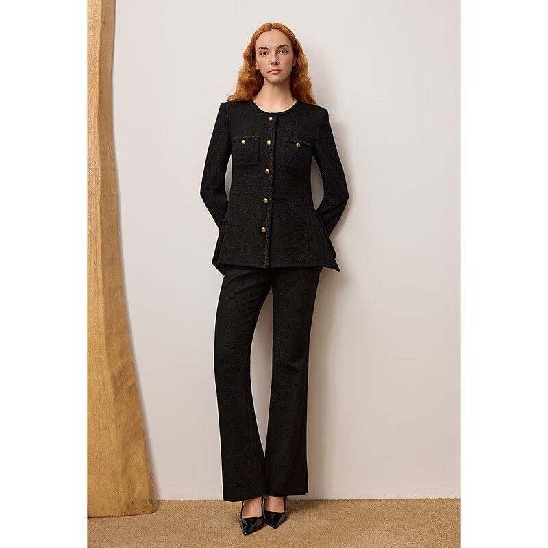 OBBLIGATO奥丽嘉朵2025秋冬新款醋酸修身剪裁提花小香风外套 黑色 XL