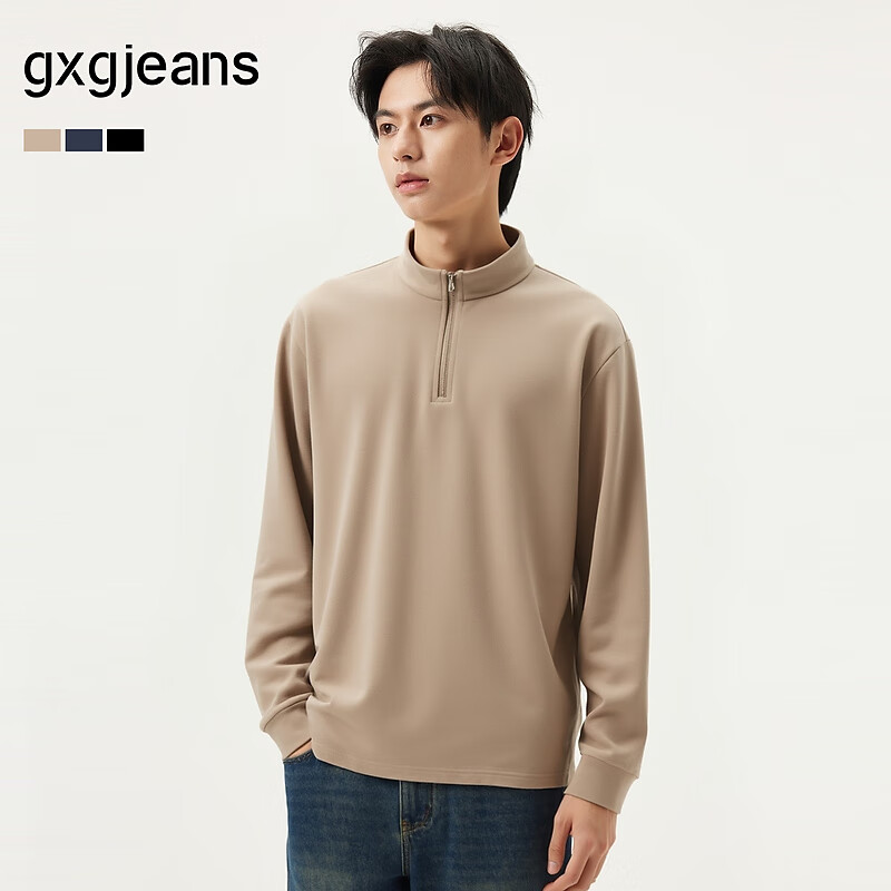 gxg.jeans男装* 多色基础打底宽松半开襟长袖T恤男士 25年秋新品 浅卡其 L (175)