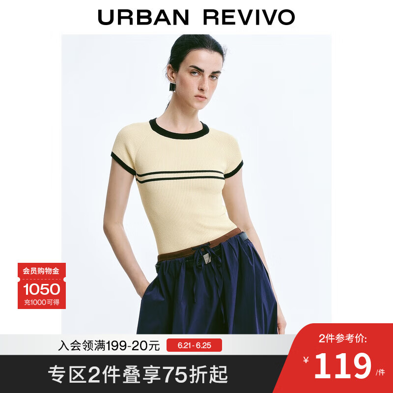 UR2025夏季新款女装休闲简约撞色条纹短袖针织衫UWM950045 浅黄条纹 M